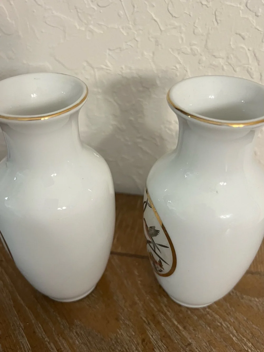 Pair of White Ceramic Vases with Gold Trim and Coral Floral Motif